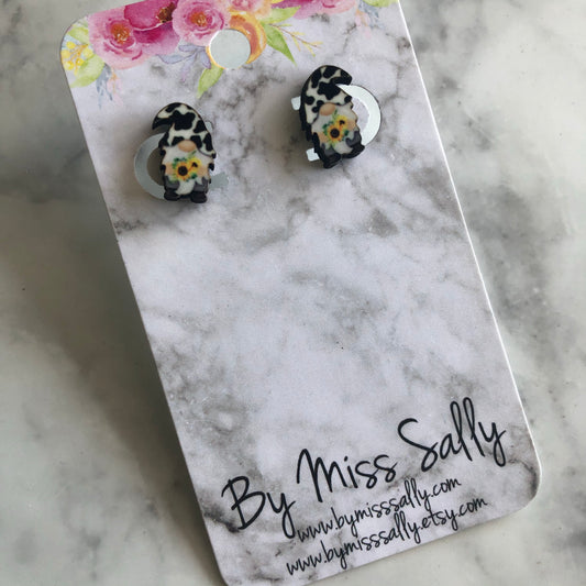 Sunflowers & Cow Print Gnome Stud Earrings