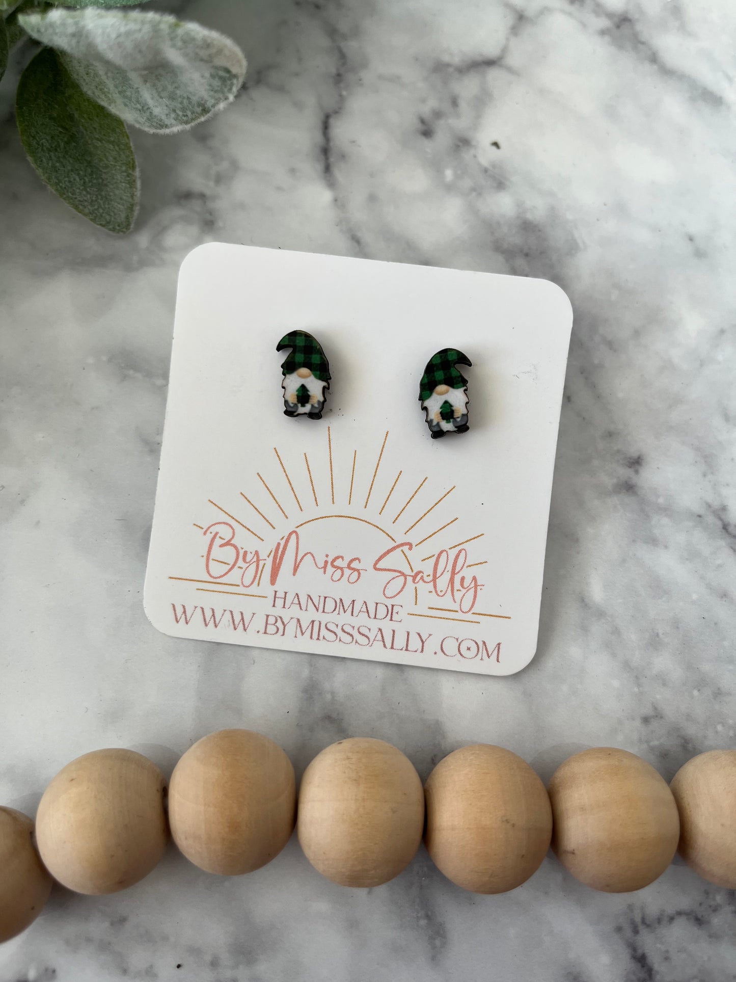 Green Buffalo Plaid Christmas Gnome Stud Earrings