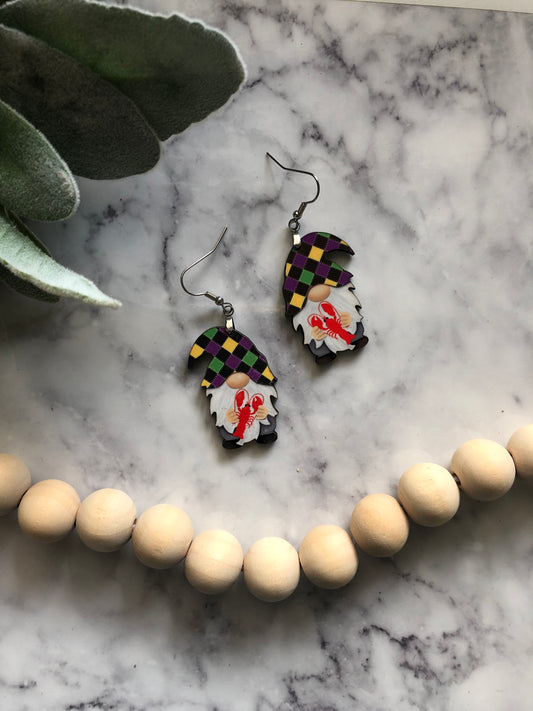 Crawfish Mardi Gras Gnome Earrings