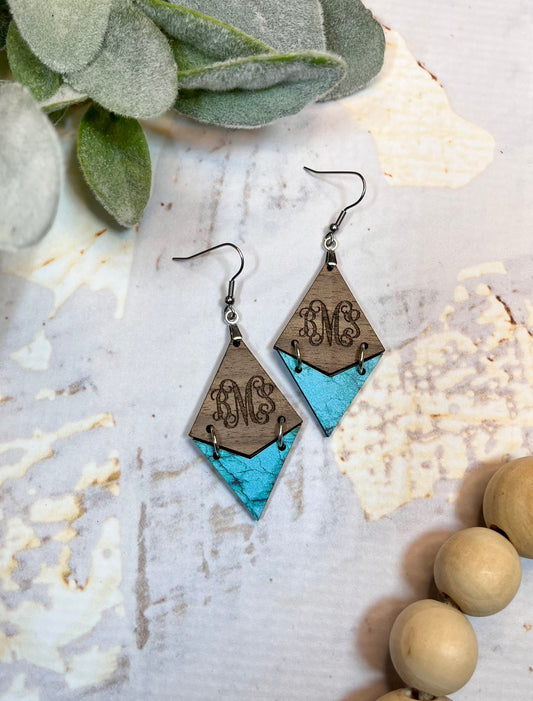 Monogram Diamond Engraved Earrings - Walnut & Turquoise