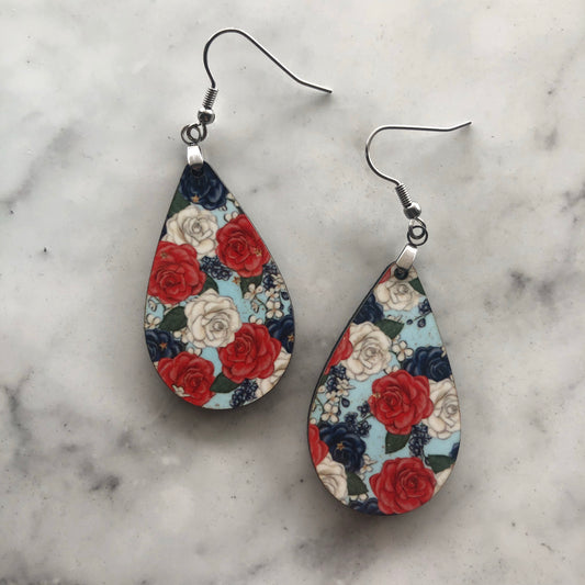 Olivia Red White & Blue Rose Earrings