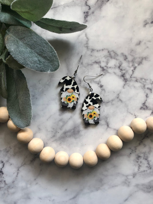 Sunflowers & Cow Print Gnome Earrings