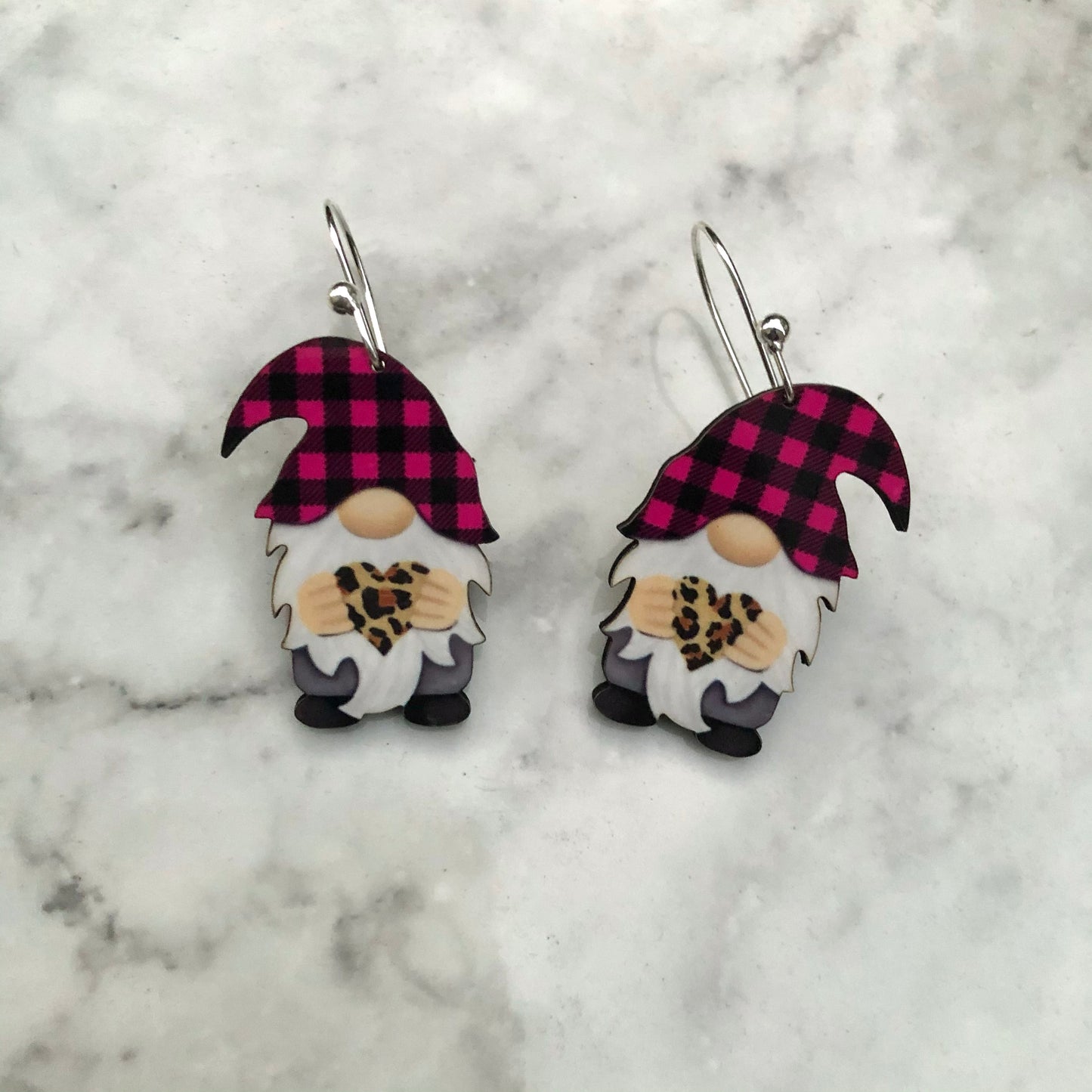 Pink Plaid and Leopard Gnome Earrings