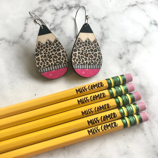 Leopard Pencil Earrings and Engraved Pencil Teacher Gifts