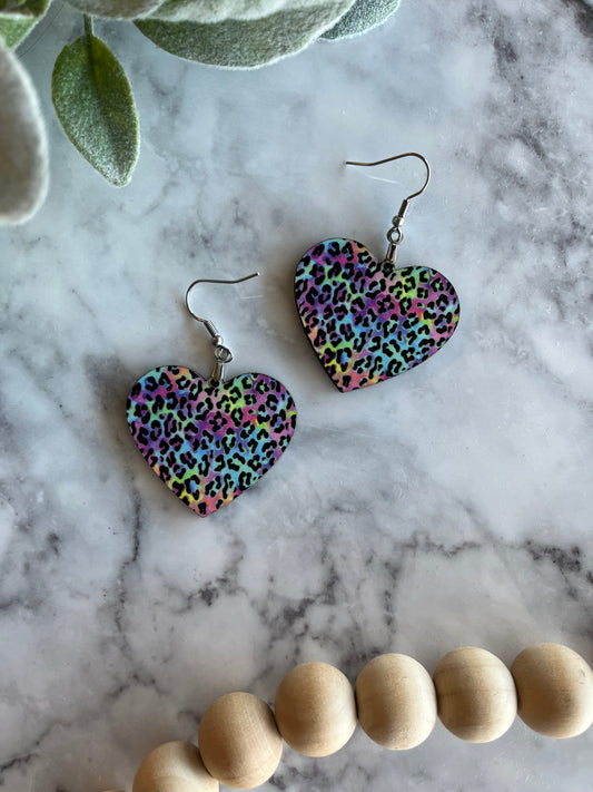 Rainbow Leopard Heart Earrings