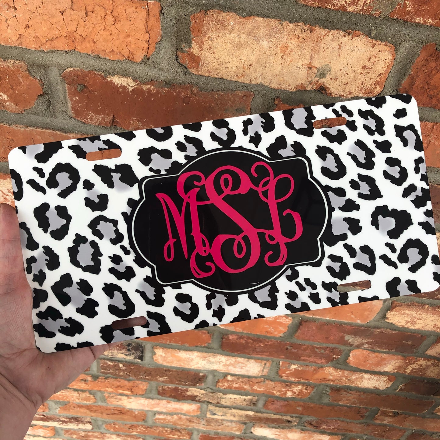 Monogram License Plate - Snow Leopard with Hot Pink Monogram