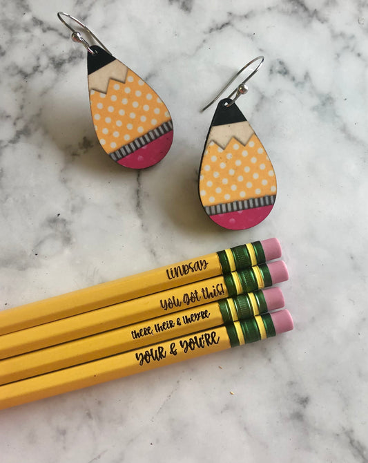 Olivia Pencil Earrings & Engraved Pencils - Teacher Gifts