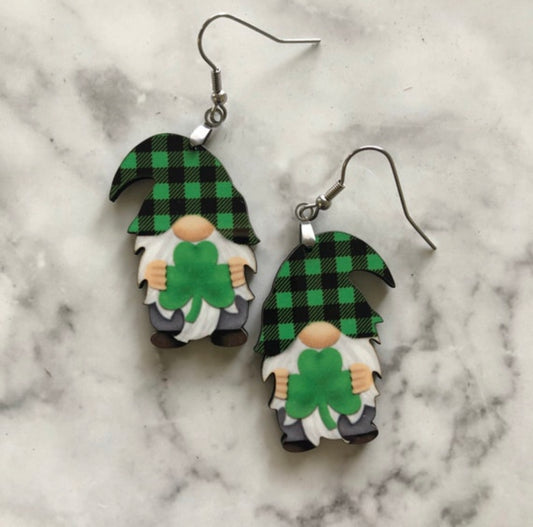 Buffalo Plaid & Shamrock Gnome Earrings