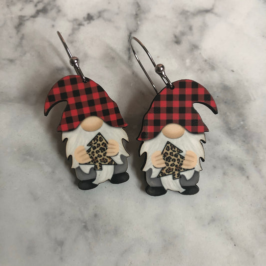 Christmas Gnome Earrings - Buffalo Plaid and Leopard