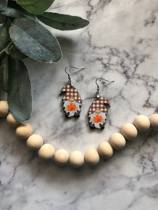 Fall Leaf Gnome Earrings - Buffalo Plaid