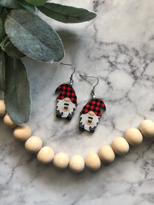 Coffee Gnome Earrings in Buffalo Plaid