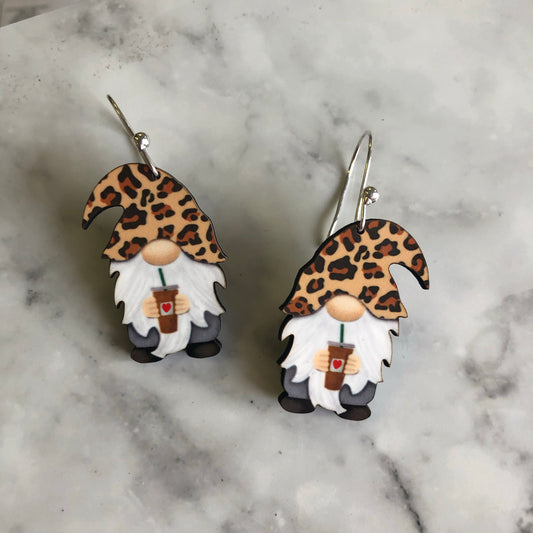 Iced Coffee Gnome Earrings in Leopard