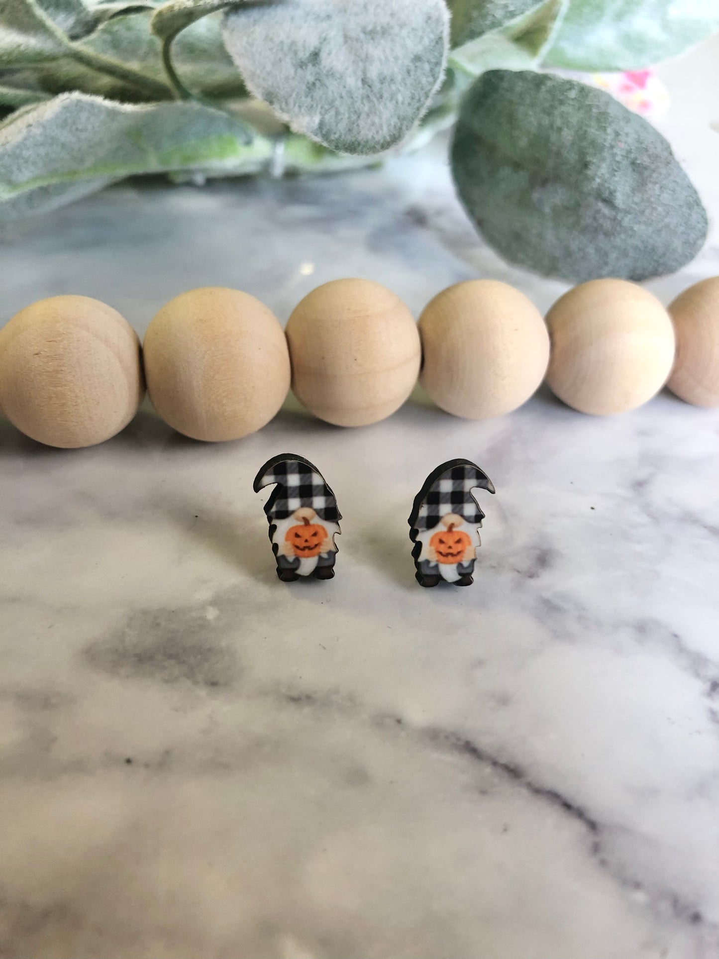 Buffalo Plaid Gnome Halloween Stud Earrings