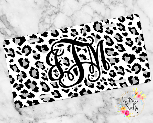 Monogram License Plate - Black & White Leopard