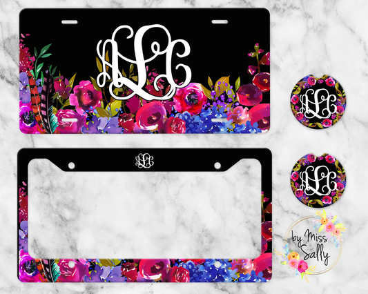 Monogram License Plate, Pink and Purple Floral