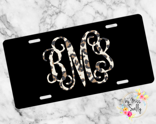 Monogram License Plate - Black w/ Leopard Monogram