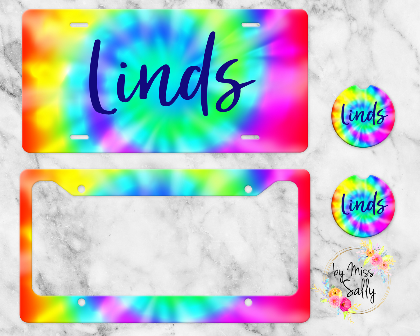 Personalized License Plate Set - Minty Rainbow Tie Dye