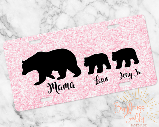 Mama Bear License Plate - Faux Pink Glitter