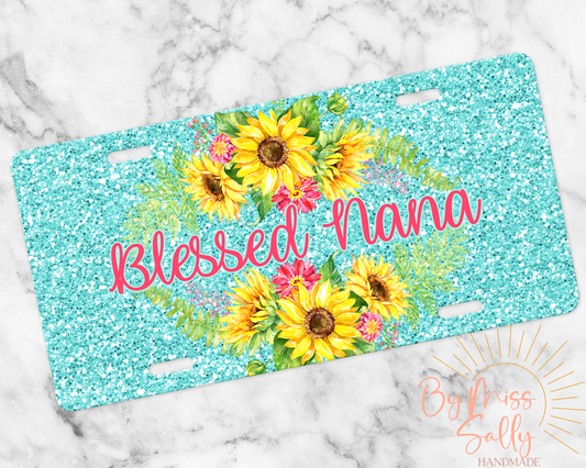 Custom Blessed Nana License Plate - Faux Teal Glitter