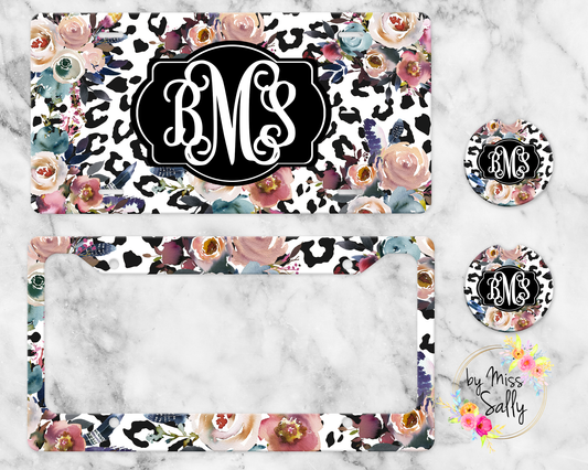 Monogram License Plate Set - Leopard & Mauve Floral